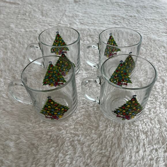 4 Vintage 1985 Luminarc Christmas Tree Glass Coffee Mugs 3 1/2” Tall Holiday - Picture 1 of 5